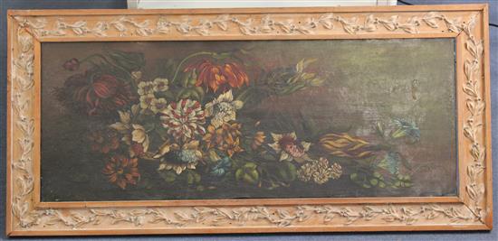 Early 19th century English School Still lifes of flowers, 14 x 36in., laurel carved pine frame